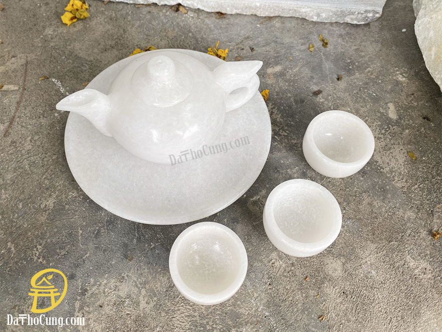 Bộ Ấm Chén Rót Nước Thần Tài Ông Địa Đá Cẩm Thạch Trắng (AM-02)