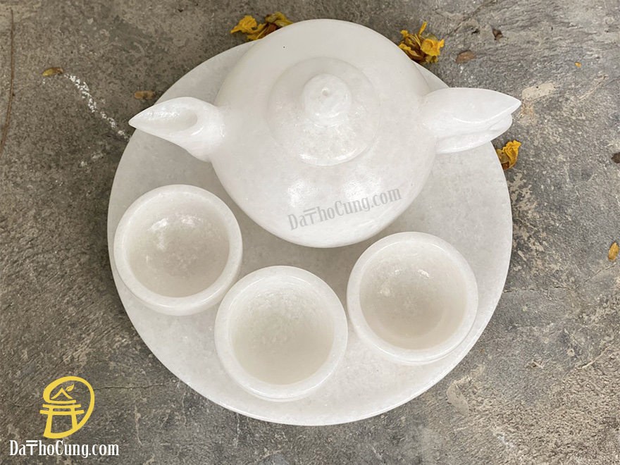 Bộ Ấm Chén Rót Nước Thần Tài Ông Địa Đá Cẩm Thạch Trắng (AM-02)