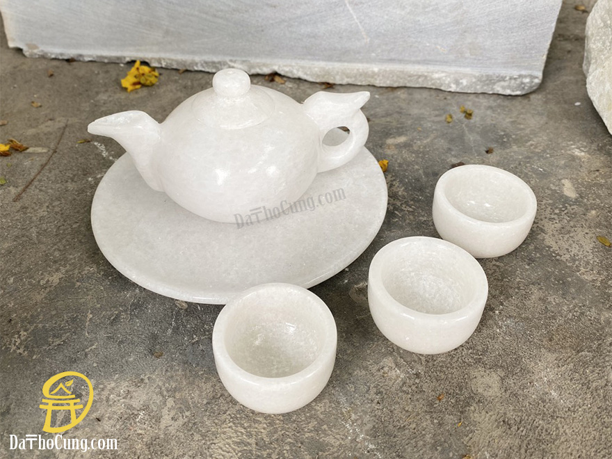 Bộ Ấm Chén Rót Nước Thần Tài Ông Địa Đá Cẩm Thạch Trắng (AM-02)