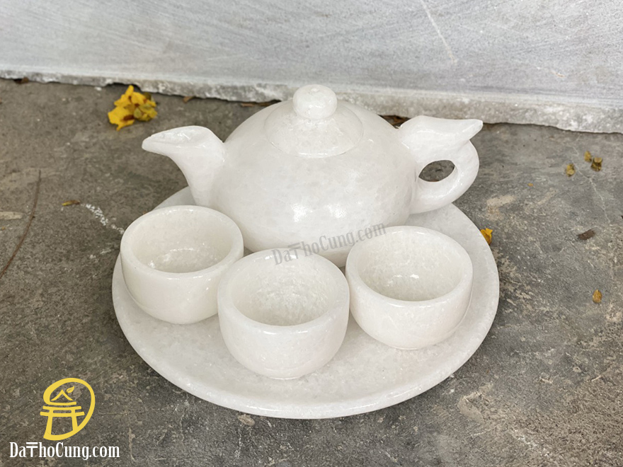 Bộ Ấm Chén Rót Nước Thần Tài Ông Địa Đá Cẩm Thạch Trắng (AM-02)