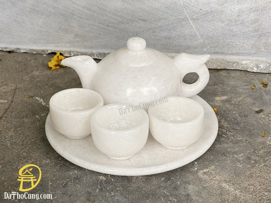 Bộ Ấm Chén Rót Nước Thần Tài Ông Địa Đá Cẩm Thạch Trắng (AM-02)